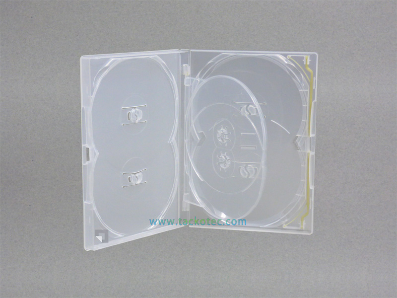 Boîtier translucide pour 6 DVD, 4 systèmes "push" HQ face à face + 2 standards sur plateau transparent, épaisseur 15 mm