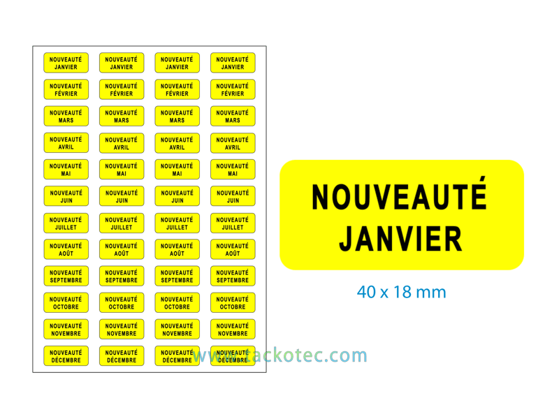 Etiquettes NOUVEAUTE bimestrielle, noir sur jaune