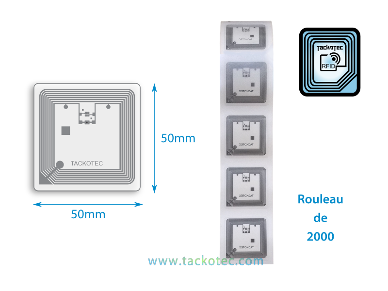 Étiquettes RFID 13,56 MHz 50 x 50mm, Support PET transparent, Rouleau de 2000