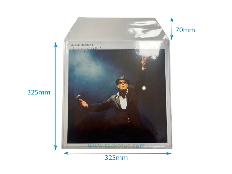 Pochette extérieure pour 1 disque vinyle 33T, avec rabat, PVC 180µm